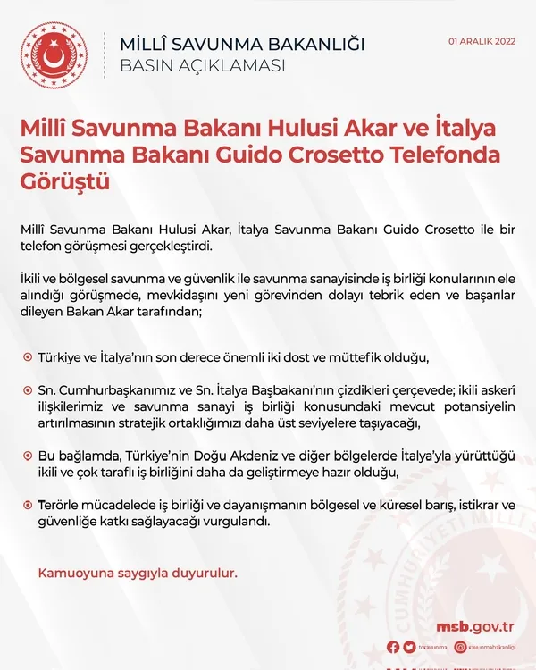 Milli Savunma Bakanı Hulusi Akar İtalya Savunma Bakanı Guido Crosetto ile görüştü: "İş birliğini geliştirmeye hazırız" - 1
