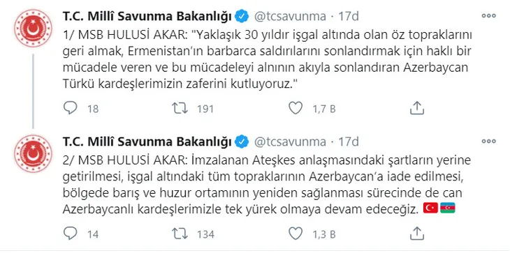 Son dakika: Milli Savunma Bakanı Hulusi Akar’dan Azerbaycan mesajı: Kardeşlerimizin zaferini kutluyoruz