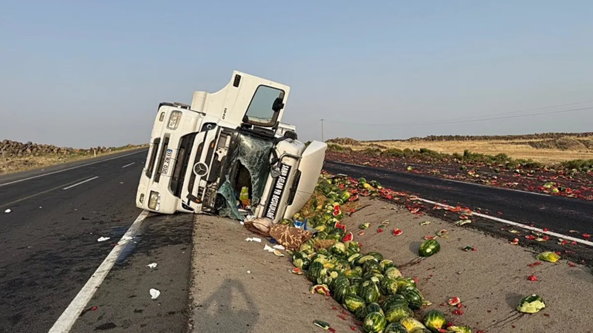 Şırnak'ta karpuz yüklü TIR yol kenarına devrildi! Sürücü ağır yaralandı