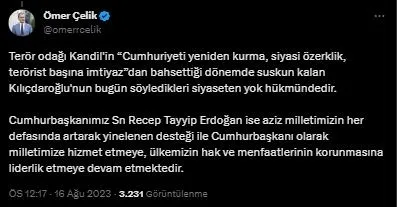 ak-partiden-chp-lideri-kemal-kilicdaroglunun-sozlerine-cok-sert-tepki-gerceklikle-bagi-kopmus-siyasi-gorusu-de-1692178385038.jpeg AK Parti'den CHP lideri Kemal Kılıçdaroğlu'nun sözlerine çok sert tepki: Gerçeklikle bağı kopmuş, siyasi görüşü demokrasi karşıtlığına dönüşmüştür - 4