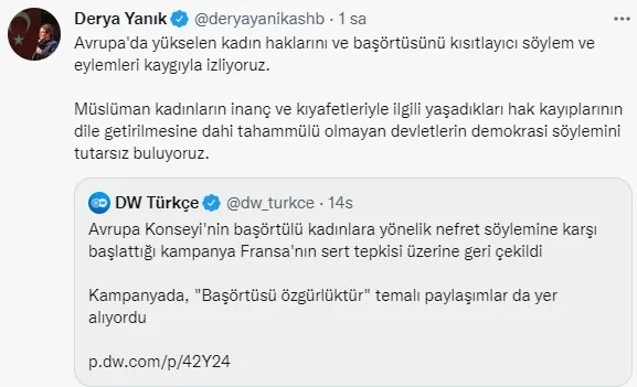 Aile ve Sosyal Hizmetler Bakanı Derya Yanık'tan Fransa'ya "başörtüsü" tepkisi - 1