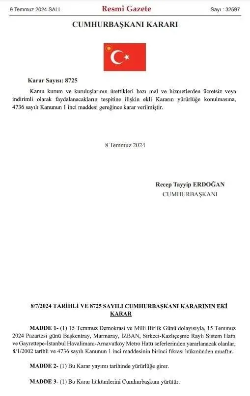 Resmi Gazete’de yayımlandı! 15 Temmuz Demokrasi ve Milli Birlik Günü’nde toplu ulaşım ücretsiz olacak