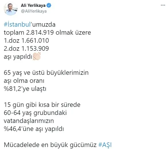 Son dakika: İstanbul'da kaç kişi koronavirüs aşısı oldu? Vali Yerlikaya'dan koronavirüs aşısı açıklaması - 1