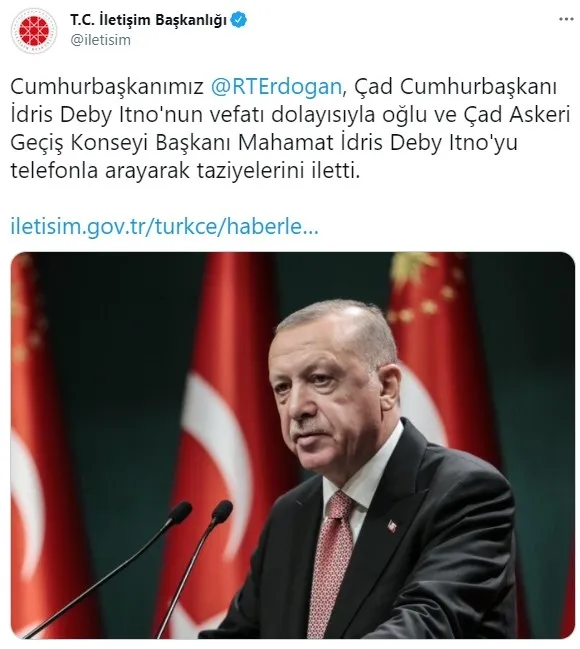 Başkan Erdoğan’dan Çad Cumhurbaşkanı Itno için taziye mesajı