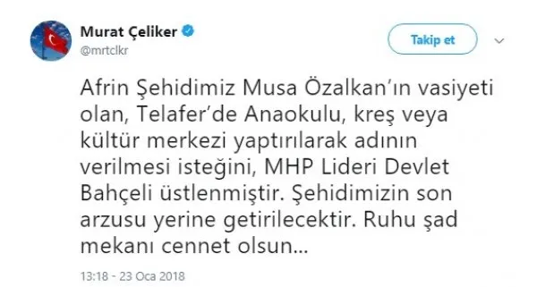 Bahçeli, şehit Özalkan’ın vasiyetini yerine getirecek