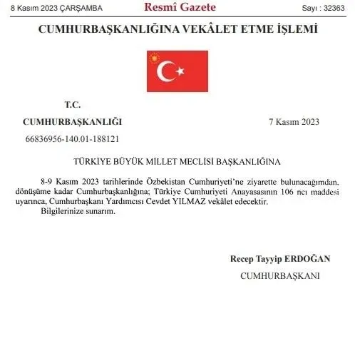 baskan-ozbekistan-ziyareti-dolayisiyla-cumhurbaskanligina-cevdet-yilmaz-vekalet-edecek-1699406788022.jpeg Başkan Recep Tayyip Erdoğan'ın Özbekistan ziyareti dolayısıyla Cumhurbaşkanlığına Cevdet Yılmaz vekalet edecek - 2