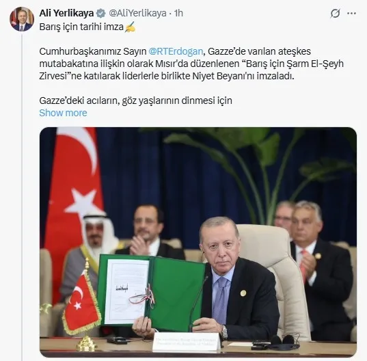 kabine-uyelerinden-sarm-el-seyh-baris-zirvesine-iliskin-paylasim-baskan-erdogan-her-daim-zulmun-karsisinda-yer-1760390629132.jpeg çişleri Bakanı Ali Yerlikaya, sosyal medya hesabı üzerinden yazılı bir açıklama yaptı (Ekran görüntüsü)