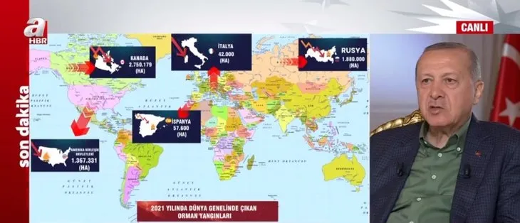 2021 yılında dünyada meydana gelen yangınlar! Başkan Erdoğan tablo üzerinde anlattı