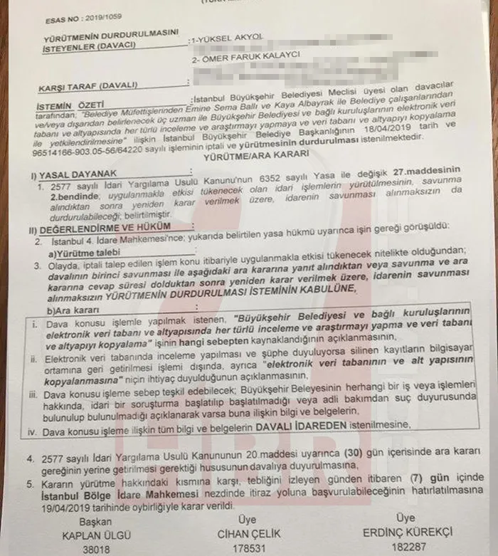 İstanbul 4. İdare Mahkemesi kararın yürütmesini durdurduğuna dair belge (AHABER)
