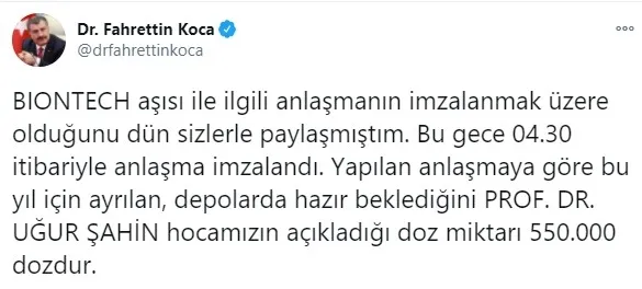 Sağlık Bakanı Fahrettin Koca duyurdu! BioNTech aşısında anlaşma sağlandı