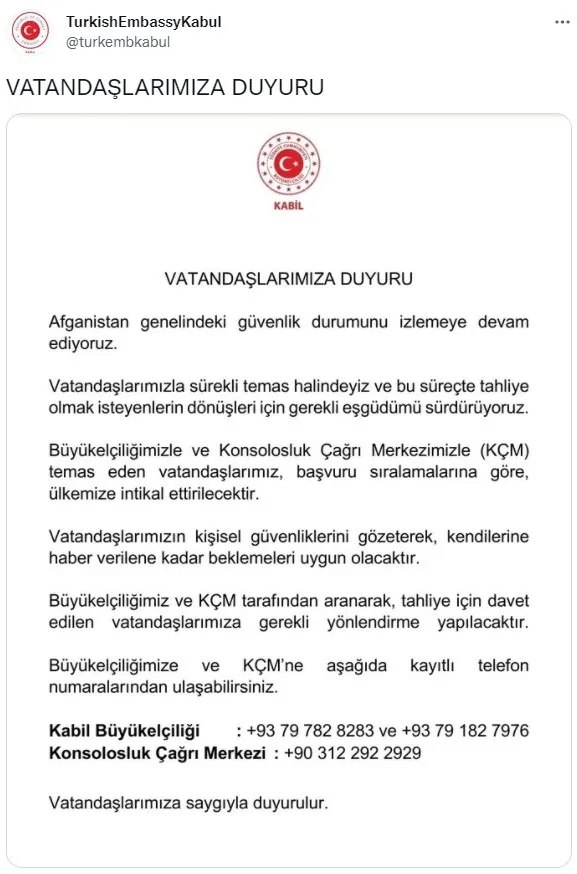Türkiye'nin Kabil Büyükelçiliğinden son dakika açıklaması: Tahliyeler başvuru sırasına göre yapılacak - 5