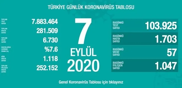 8 Eylül korona tablosu: Türkiye'de corona virüsü vaka sayısı kaç oldu? Koronadan kaç kişi öldü? - 2