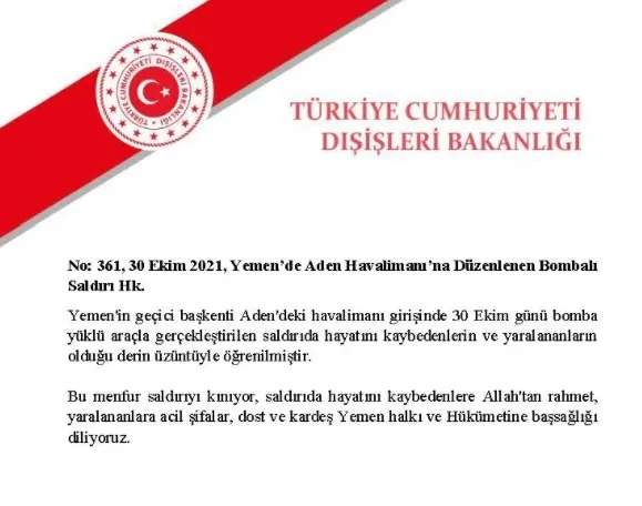 Dışişleri Bakanlığından Yemen’deki bombalı saldırıya kınama - 1