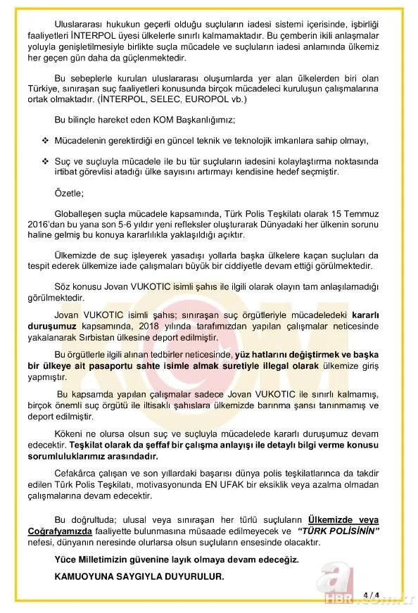 Kaçakçılık ve Organize Suçlarla Mücadele Başkanlığı’ndan Jovan Vukotic açıklaması!