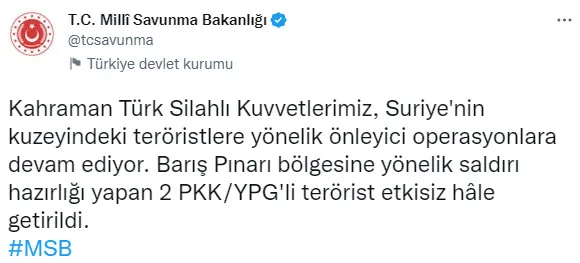 1667718814750.jpg Son dakika: Mehmetçik Suriye'nin kuzeyindeki Barış Pınarı bölgesinde 2 teröristi öldürdü - 1