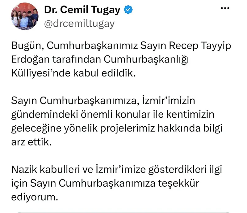 chpden-istifa-eden-cemil-tugaydan-yeni-hamle-addden-de-istifa-etti-1790961777040.png İzmir Büyükşehir Belediye Başkanı Cemil Tugay, Başkan Recep Tayyip Erdoğan ile Cumhurbaşkanlığı Külliyesi'ndeki görüşmesinin ardından sosyal medya hesabından açıklama yaptı. (Foto: AA)