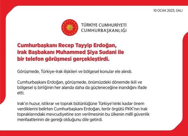Başkan Erdoğan, Irak Başbakanı Şiya Es-Sudani ile görüştü: PKK varlığına son verin