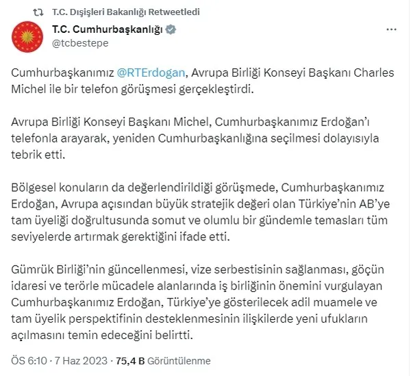 Başkan Erdoğan AB Konseyi Başkanı Charles Michel ile görüştü: Türkiye’nin tam üyeliği için somut adım atın