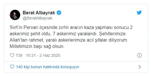 Son dakika: Hazine ve Maliye Bakanı Berat Albayrak’tan Siirt’te şehit olan askerler için baş sağlığı mesajı