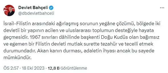 MHP lideri Devlet Bahçeli’den İsrail’in hastane saldırısına tepki: Sivil halk katliam ablukasına alınmıştır