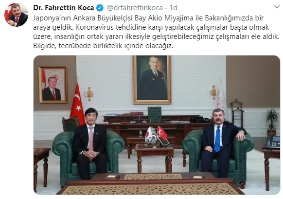 Son dakika: Sağlık Bakanı Fahrettin Koca Japonya’nın Ankara Büyükelçisi Bay Akio Miyajima ile görüştü