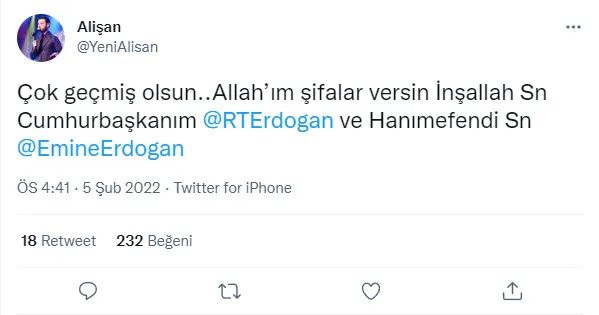 Başkan Recep Tayyip Erdoğan ve Emine Erdoğan’a sanat ve spor dünyasından geçmiş olsun mesajları