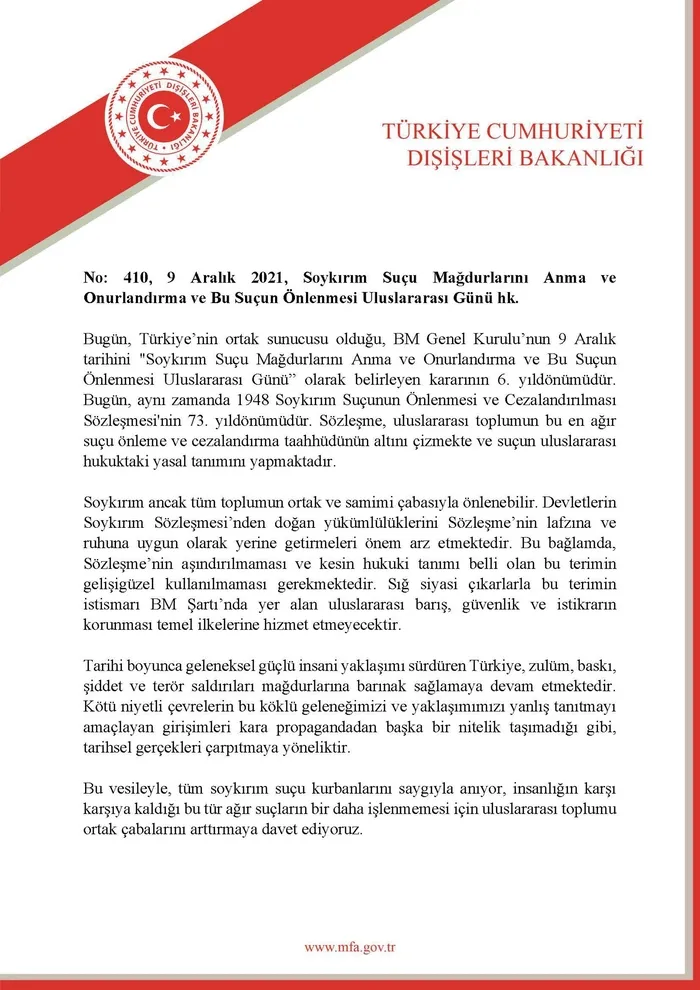 Dışişleri Bakanlığı: Soykırım teriminin istismarı uluslararası barışa hizmet etmeyecektir