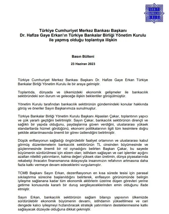Bankalar Birliği’nden açıklama: MB Başkanı Erkan parasal sıkılaşma sürecinin başladığını duyurdu