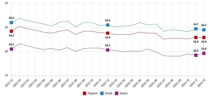 issizlik-dusmeye-devam-ediyor-2024un-son-isgucu-istatistikleri-verisi-aciklandi-1739171372656.jpeg Mevsim ve takvim etkilerinden arındırılmış haftalık ortalama fiili çalışma süresi, Aralık 2022 - Aralık 2024 (Saat) (TÜİK)