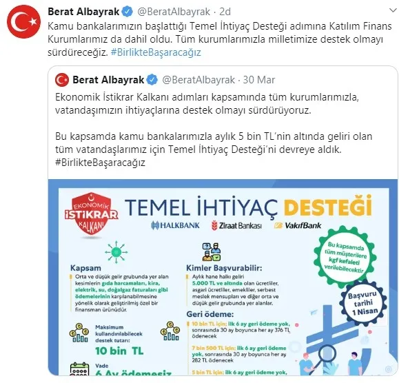 Son dakika: Hazine ve Maliye Bakanı Berat Albayrak açıkladı: Temel İhtiyaç Desteği adımına Katılım Finans Kurumlarımız da katıldı