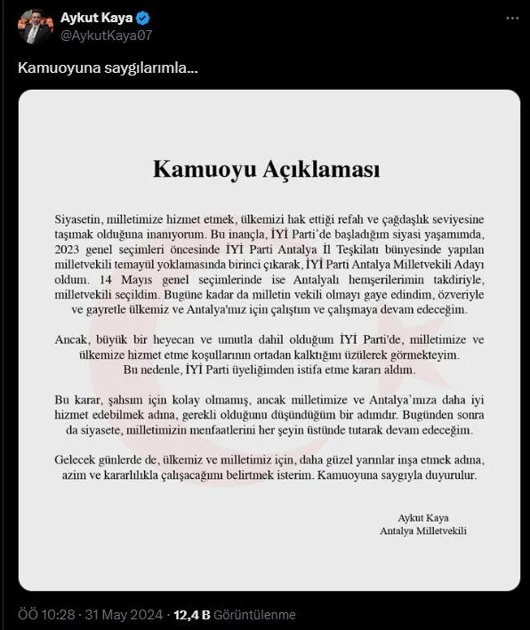 İYİ Parti’de Antalya Milletvekili Aykut Kaya istifa etti