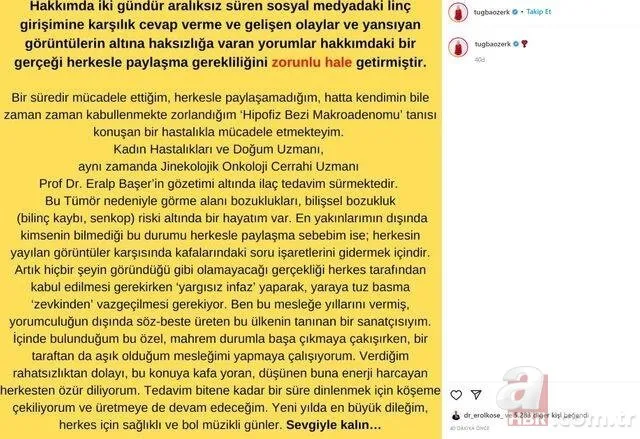 Tuğba Özerk sessizliğini bozdu! Hastalığını açıkladı