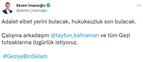 CHP’li İBB Başkanı Ekrem İmamoğlu’nun Gezi Parkı olaylarına desteği büyük tepki çekti! 18 yıl hapse çarptırılan isme özgürlük istedi