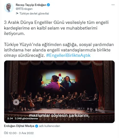Son dakika: Başkan Erdoğan’dan 3 Aralık Dünya Engelliler Günü paylaşımı