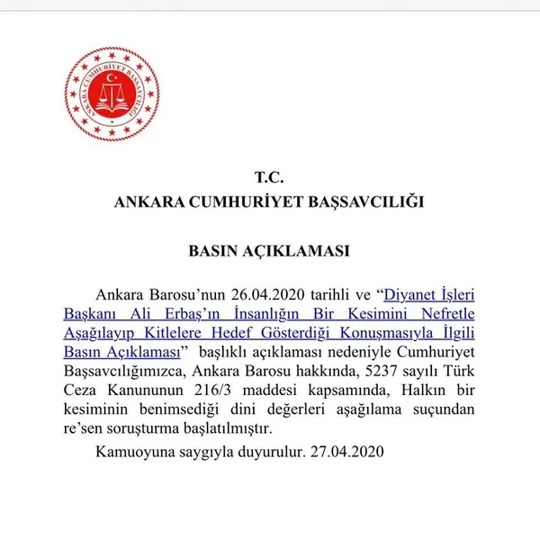 Son dakika haberi: Diyanet İşleri Başkanı Ali Erbaş’ı hedef almışlardı! Ankara Barosu’na soruşturma