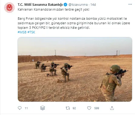 Son dakika: Barış Pınarı bölgesinde PKK/YPG'ye darbe: 3 terörist etkisiz hale getirildi - 1