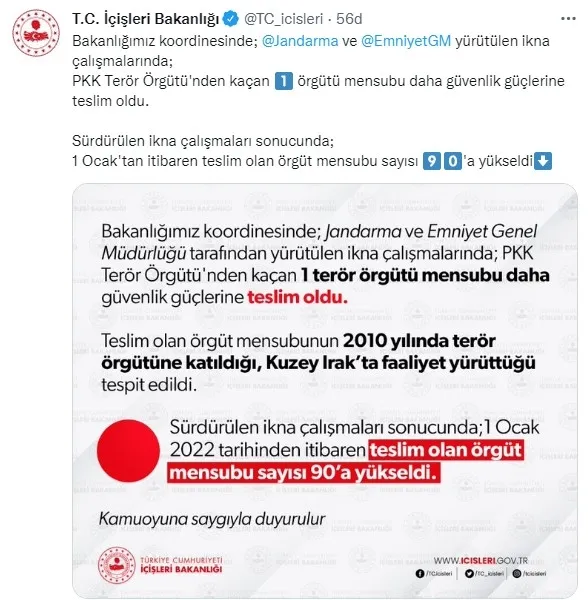 icisleri-bakanligindan-son-dakika-aciklamasi-pkkdan-kacan-terorist-teslim-oldu-1663701233768.jpg İçişleri Bakanlığından SON DAKİKA açıklaması: PKK'dan kaçan terörist teslim oldu - 2