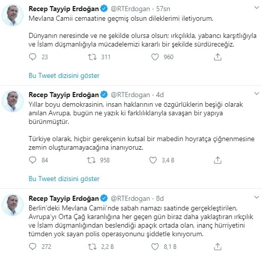 Başkan Erdoğan: Berlin’deki Mevlana Camii’ne polis operasyonunu şiddetle kınıyorum