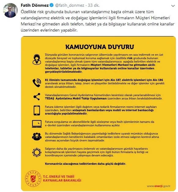 Enerji ve Tabii Kaynaklar Bakanı Fatih Dönmez'den koronavirüse karşı öneriler... - 1