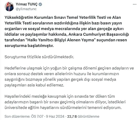 yksye-yonelik-dezenformasyon-amacli-paylasim-ve-haberlerle-ilgili-hukuki-surec-baslatildi-1717950858473.jpg YKS'ye yönelik dezenformasyon geçit yok! Asılsız paylaşımlara yönelik resen soruşturma başlatıldı - 2