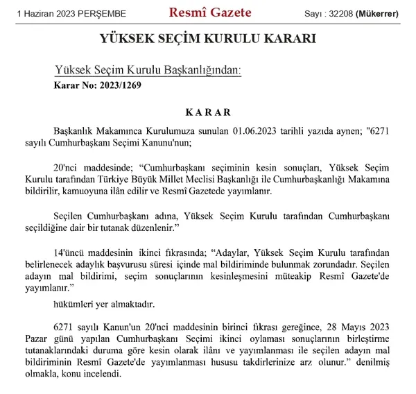 Cumhurbaşkanlığı seçiminin kesin sonuçları Resmi Gazete’de yayımlandı! Başkan Erdoğan’ın mazbatası TBMM’de