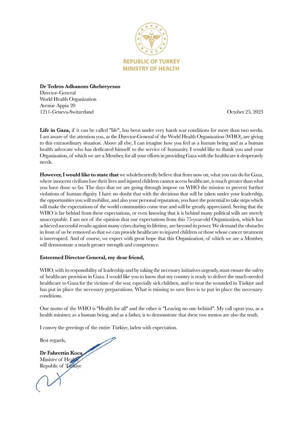 Bakan Fahrettin Koca’dan DSÖ’ye son dakika Gazze çağrısı: Sağlık hizmetlerinin güvenliğini garanti altına alın