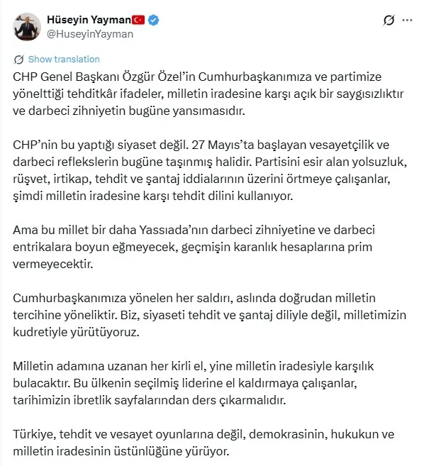 ozelin-baskan-erdogana-yonelik-tehdidine-ak-partiden-yanit-yassiada-cetesi-kurmak-istedigini-ilan-etti-pes-pes-1761073787641.jpg AK Parti Genel Başkan Yardımcısı Hüseyin Yayman, Özgür Özel’in açıklamalarına tepki göstererek sosyal medya hesabı üzerinden açıklama yaptı (X - Ekran görüntüsü)