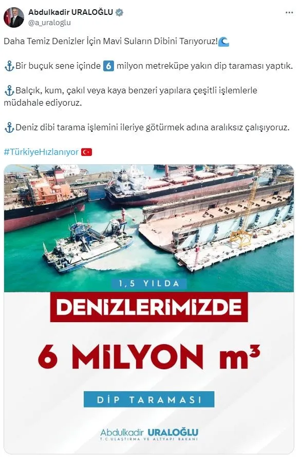 Bakan Uraloğlu’ndan denizlerde dip taraması açıklaması 1 buçuk sene içinde 6 milyon metreküpe yakın dip taraması yaptık