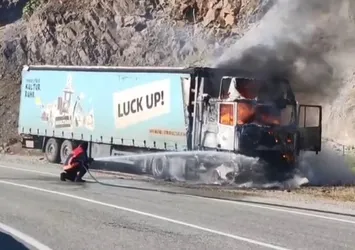 Seyir halindeki tır alev alev yandı