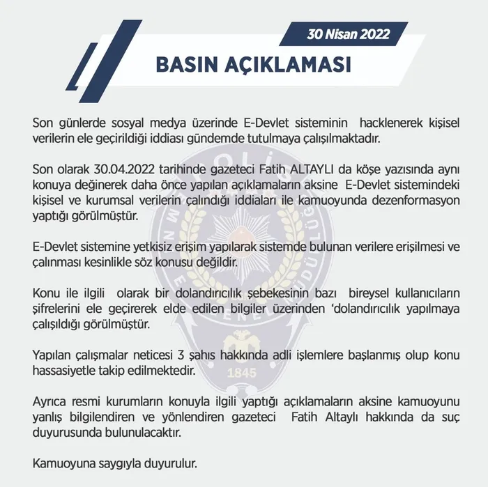 son-dakika-emniyet-hacklenme-iddiasini-yalanladi-fatih-altayli-hakkinda-suc-duyurusu-1651339967058.jpg Emniyet Genel Müdürlüğü'nden 'Hacklenme' iddiasına yalanlama! Fatih Altaylı hakkında suç duyurusu - 1