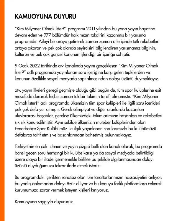 1641826088396.jpg ATV'den Kim Milyoner Olmak İster adlı bilgi yarışmasında Fenerbahçe hakkında sorulan soru hakkında açıklama - 2