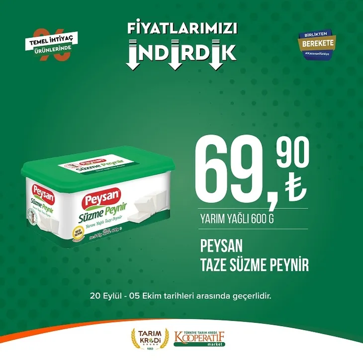 Tarım kredi market yeni indirim listesi yayınladı! 117.90 TL’ye Sucuk, 104.90 TL’ye Beyaz Peynir, 35.75 TL’ye Pirinç, 23.90 TL’ye dev Kağıt Havlu yer alıyor
