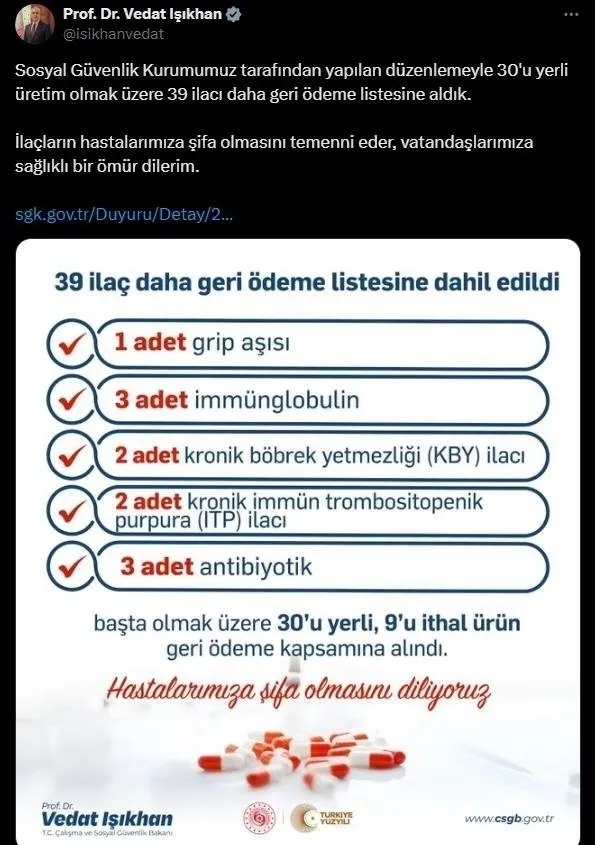 Son dakika | Bakan Işıkhan duyurdu! 39 ilaç daha geri ödeme listesinde - 1