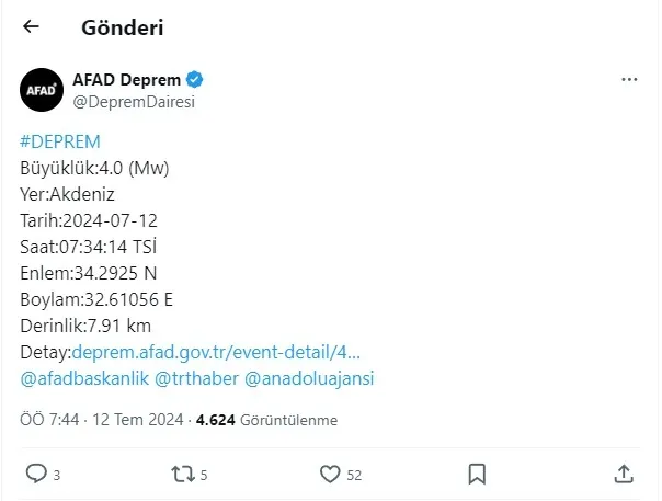 Son dakika | Akdeniz'de 4 büyüklüğünde deprem! AFAD Kandilli son depremler - 1